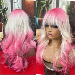 White and hot pink wig with bangs